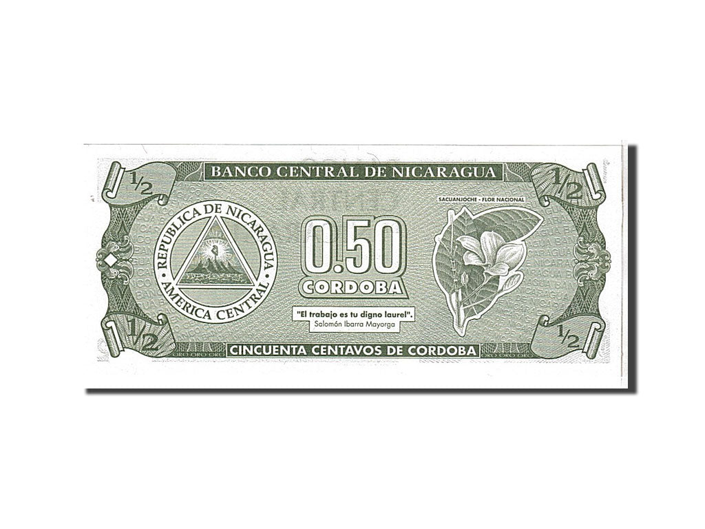 Banknote, Nicaragua, 1/2 Cordoba, 1992, KM:172, UNC(65-70)