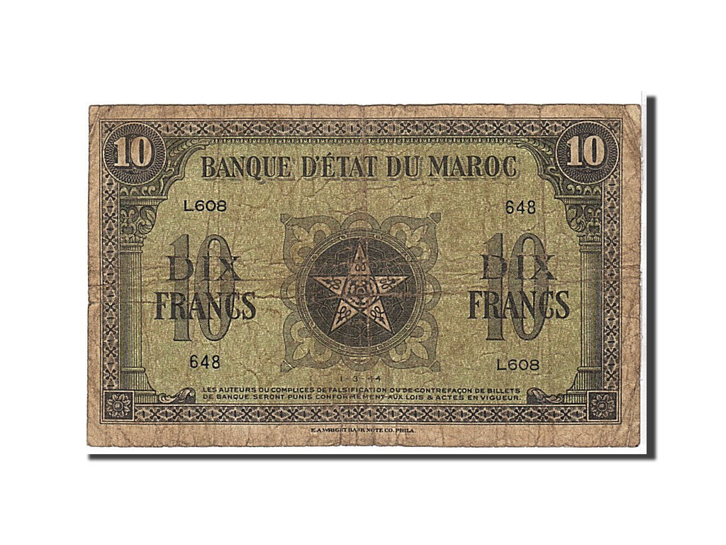 Morocco, 10 Francs, 1944, KM #25a, VG(8-10), L608648