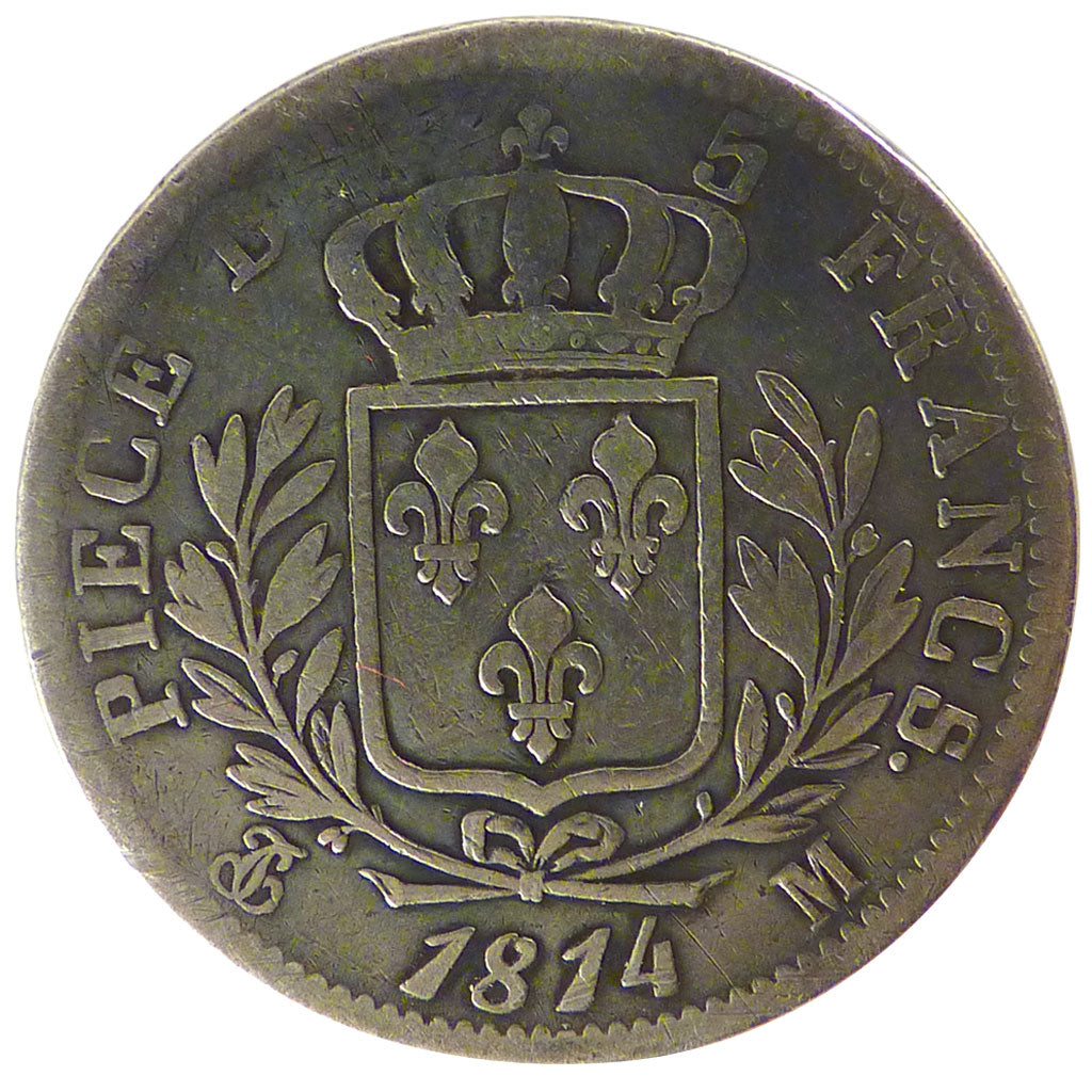 FRANCE, Louis XVIII, 5 Francs, 1814, Toulouse, F(12-15), Silver, Gadoury #591,..
