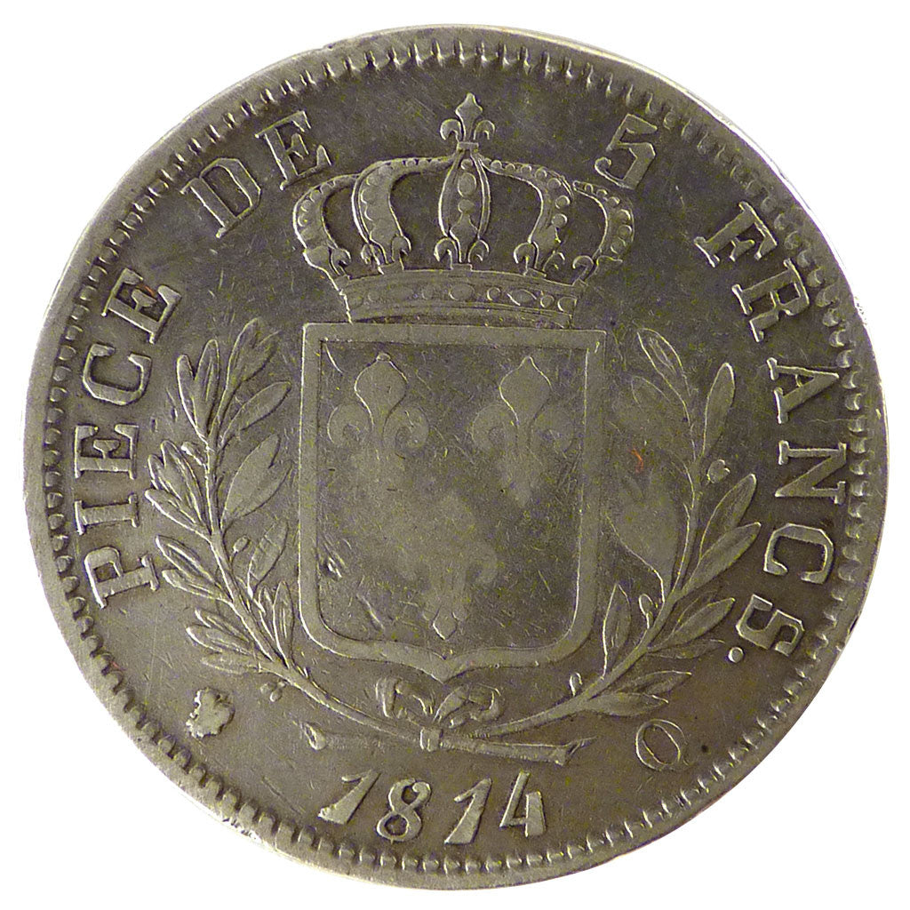 FRANCE, Louis XVIII, 5 Francs, 1814, Perpignan, KM #702.11, VF(30-35), Silver,..