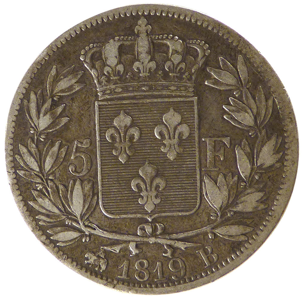 FRANCE, Louis XVIII, 5 Francs, 1819, Rouen, KM #711.2, EF(40-45), Silver,...