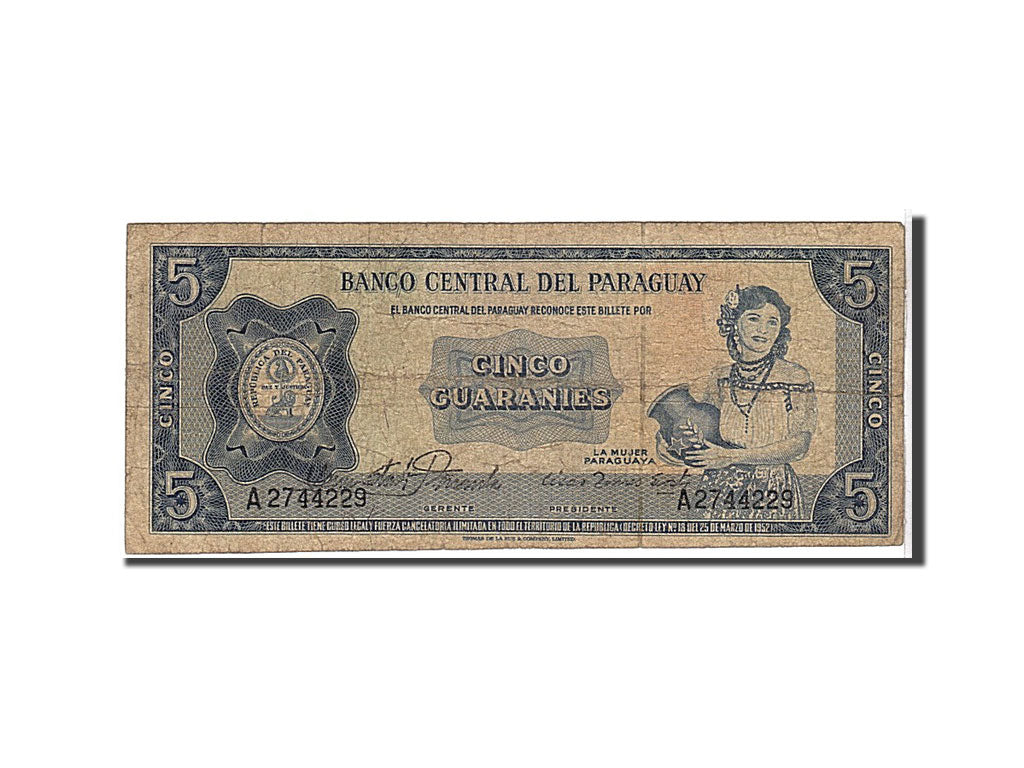 Paraguay, 5 Guaraníes, 1952, KM #186c, EF(40-45), A2744229