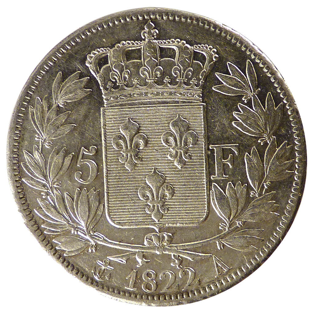 FRANCE, Louis XVIII, 5 Francs, 1822, Paris, KM #711.1, EF(40-45), Silver,...