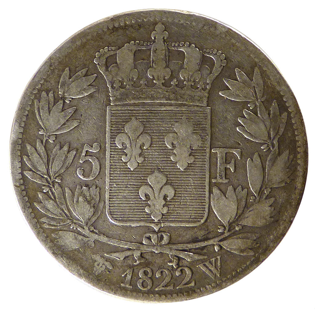 FRANCE, Louis XVIII, 5 Francs, 1822, Lille, VF(20-25), Silver, Gadoury #614,...