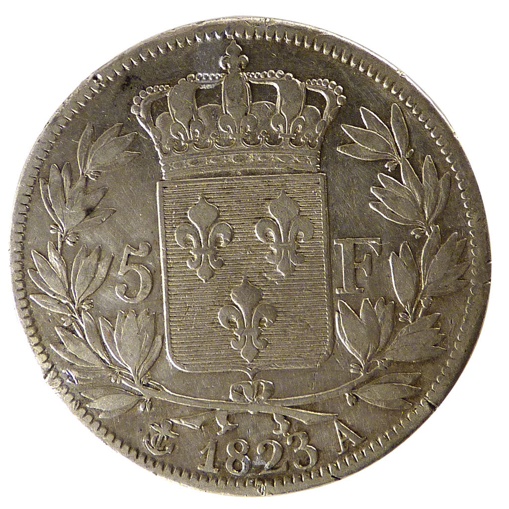 FRANCE, Louis XVIII, 5 Francs, 1823, Paris, KM #711.1, VF(20-25), Silver,...