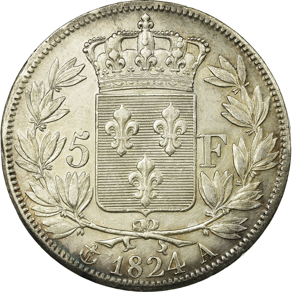 Francia, Louis XVIII, 5 Francs, 1824, Paris, Argento, BB+, Gadoury:614, KM:711.1