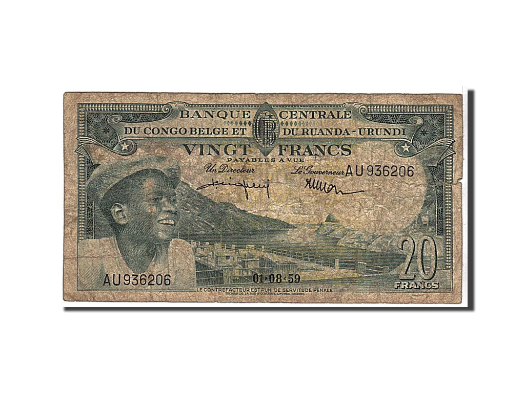 Belgian Congo, 20 Francs, 1959, KM #31, VF(20-25), AU936206