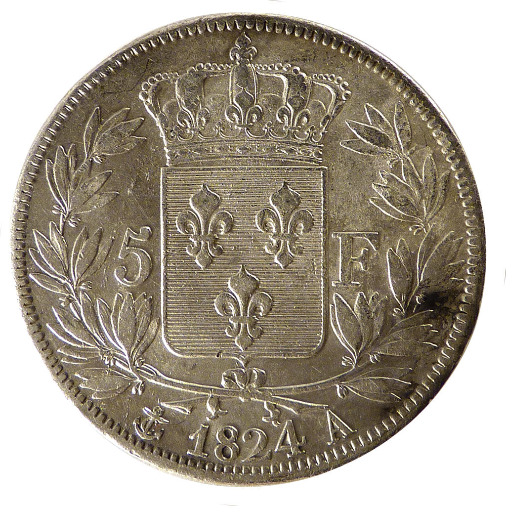 FRANCE, Louis XVIII, 5 Francs, 1824, Paris, KM #711.1, EF(40-45), Silver,...