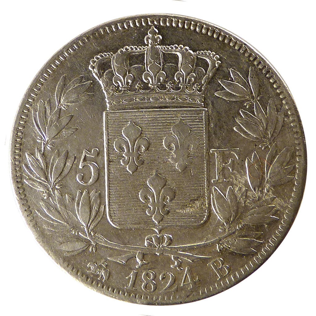 FRANCE, Louis XVIII, 5 Francs, 1824, Rouen, VF(30-35), Silver, Gadoury #614,...