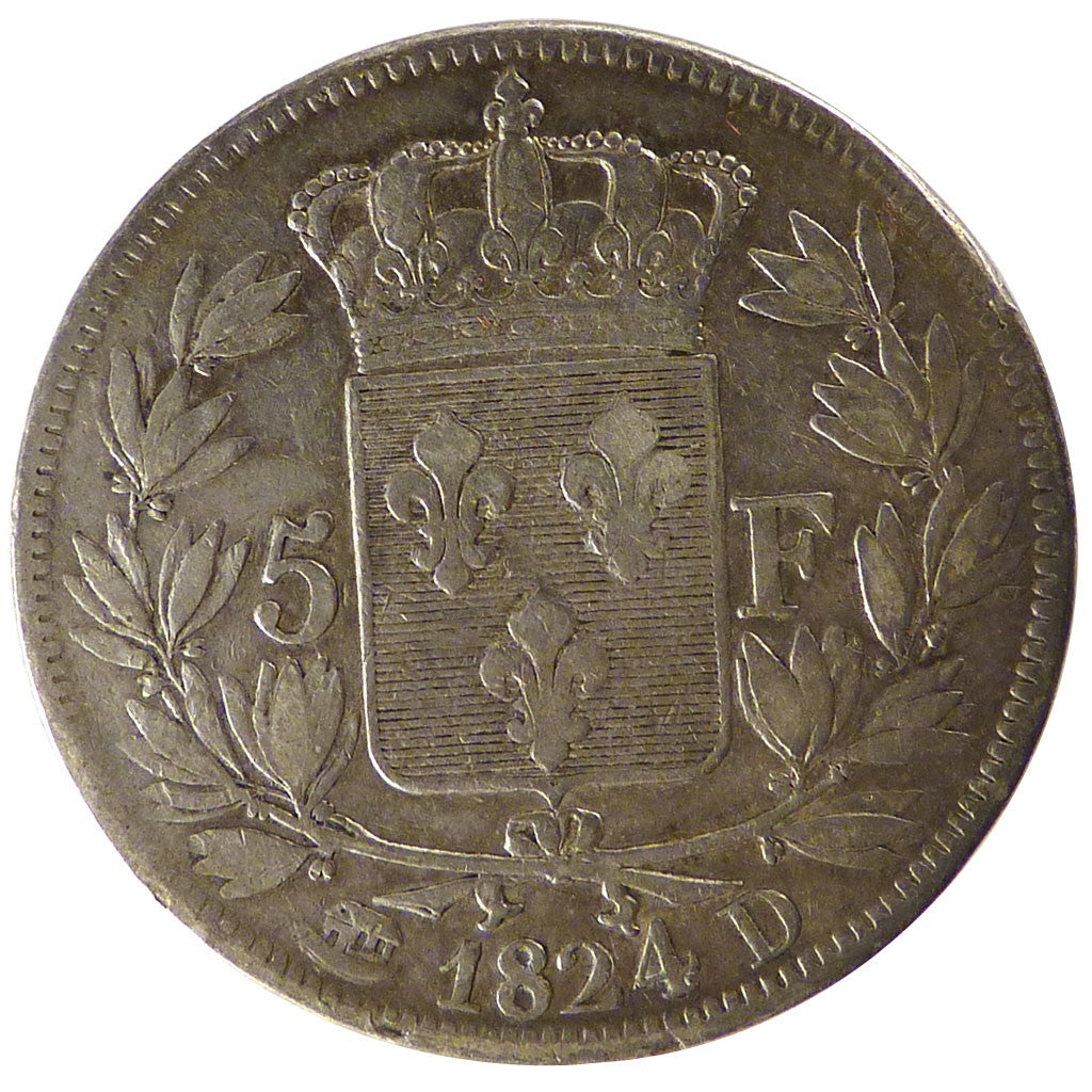 FRANCE, Louis XVIII, 5 Francs, 1824, Lyon, KM #711.4, VF(30-35), Silver,...