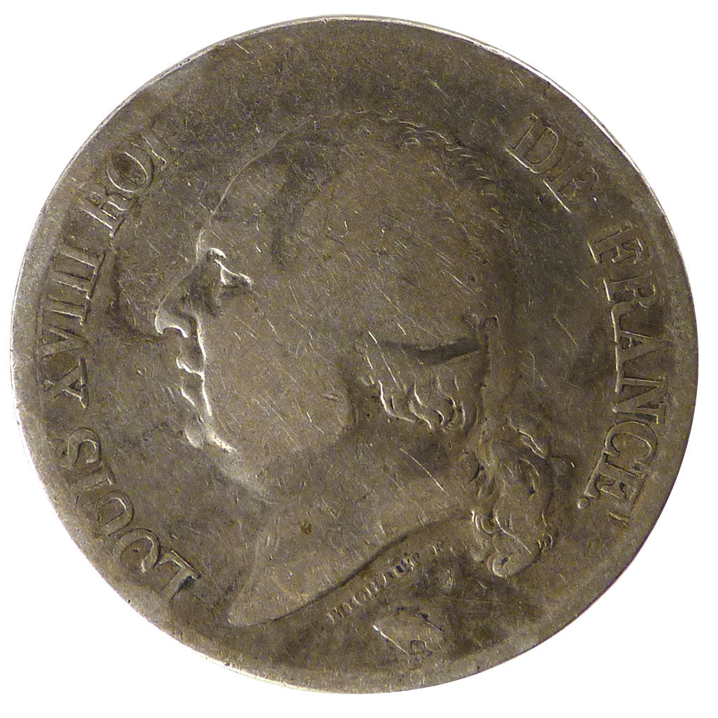 FRANCE, Louis XVIII, 5 Francs, 1824, Bordeaux, VG(8-10), Silver, Gadoury #614,..