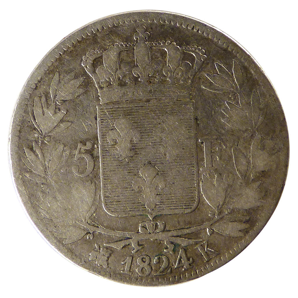 FRANCE, Louis XVIII, 5 Francs, 1824, Bordeaux, VG(8-10), Silver, Gadoury #614,..