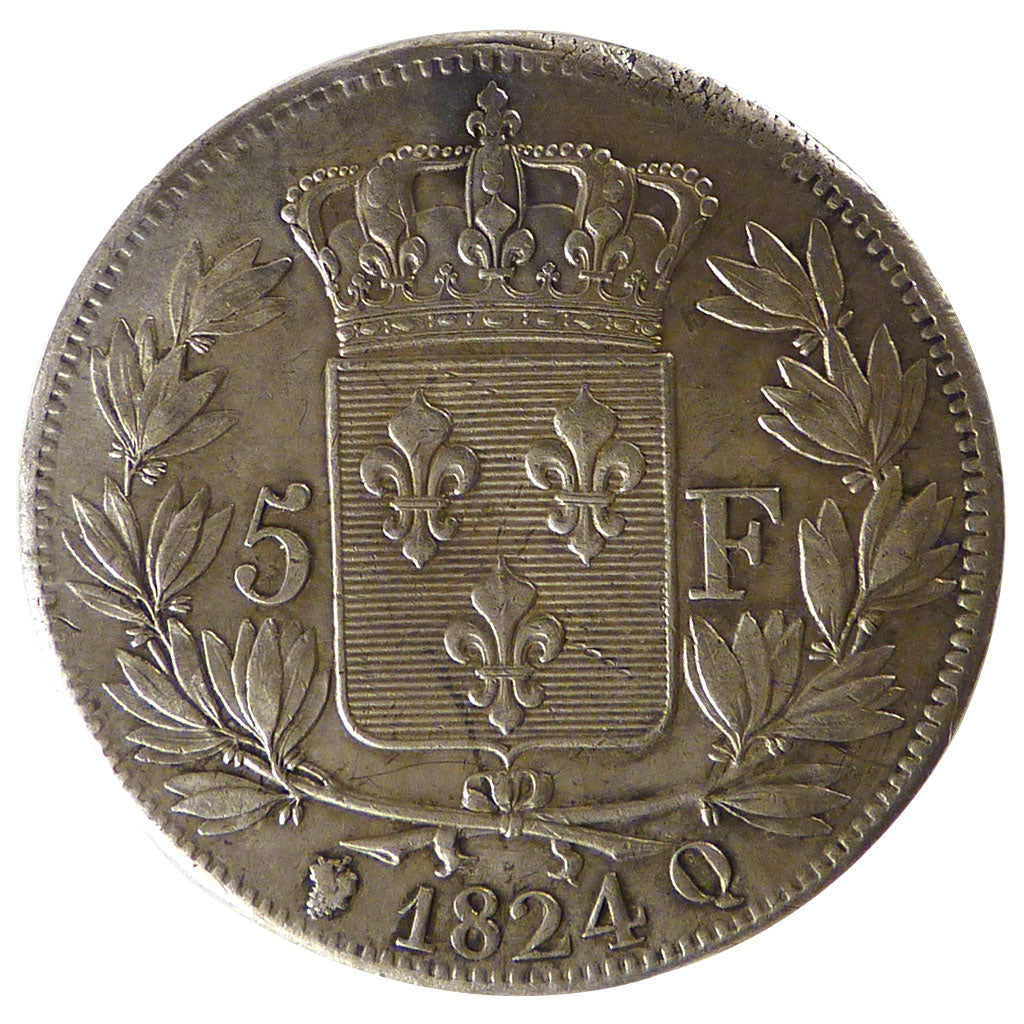 Francia, Louis XVIII, 5 Francs, 1824, Perpignan, BB, Argento, Gadoury:614