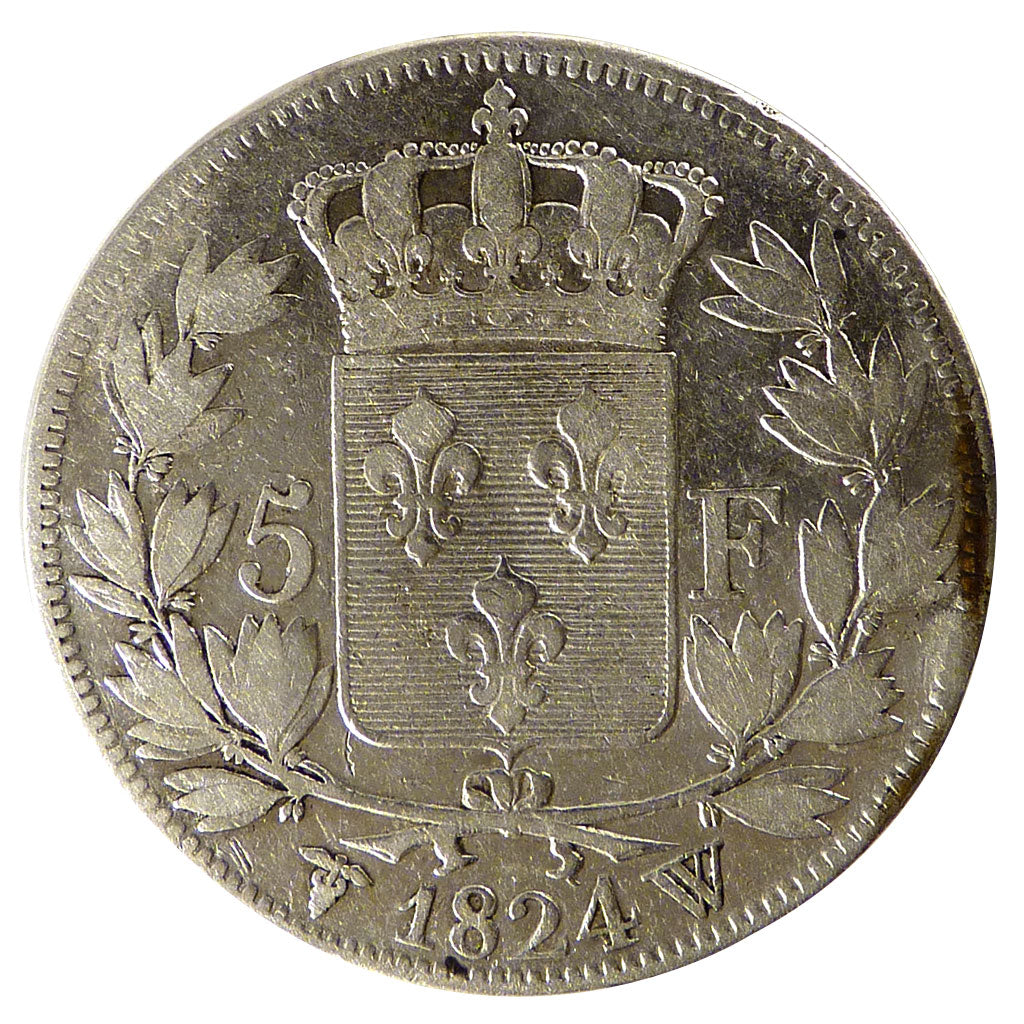 FRANCE, 5 Francs, 1824, Lille, VF(30-35), Silver, Gadoury #614, 24.70