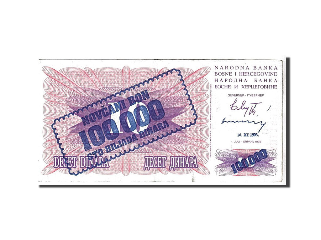 Billet, Bosnia - Herzegovina, 100,000 Dinara, 1993, KM:34a, TTB