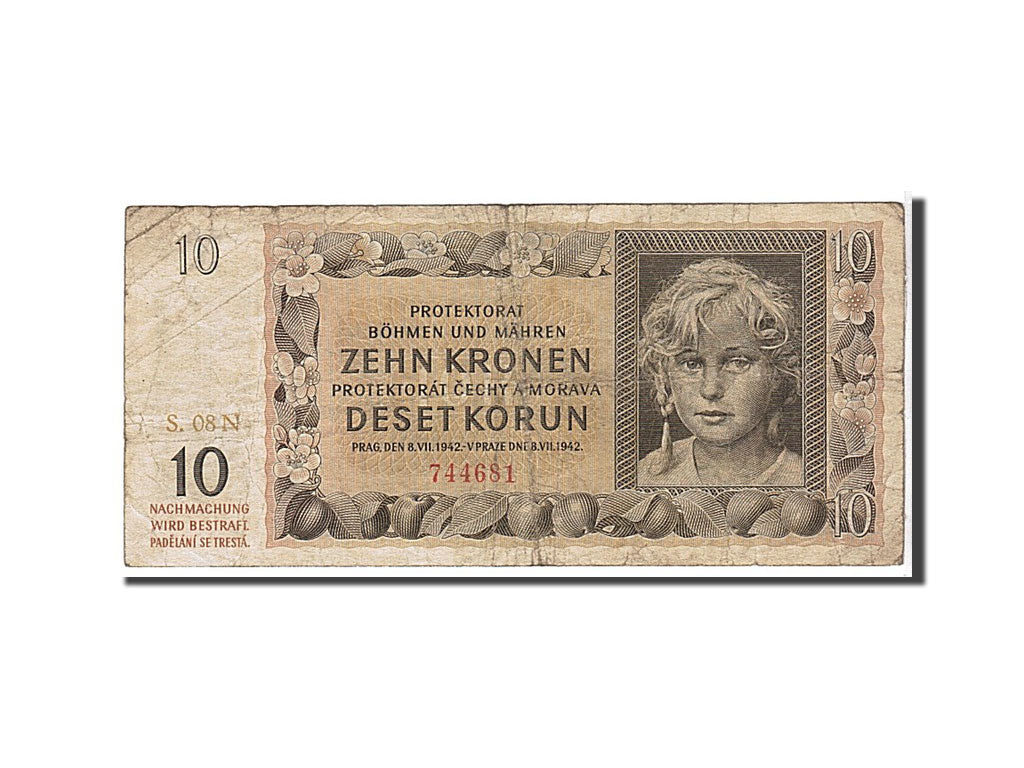 Bohemia and Moravia, 10 Korun, 1942, KM #8a, VF(30-35), 744681