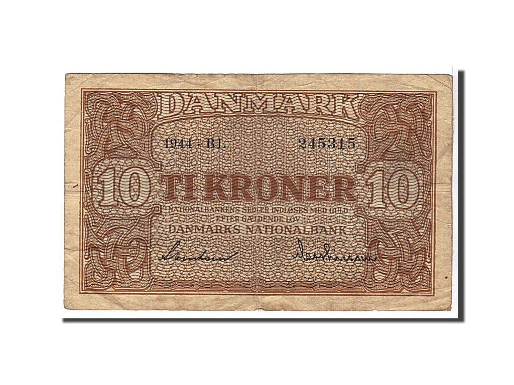 Denmark, 10 Kroner, 1944, KM #36a, VF(30-35), BL245315