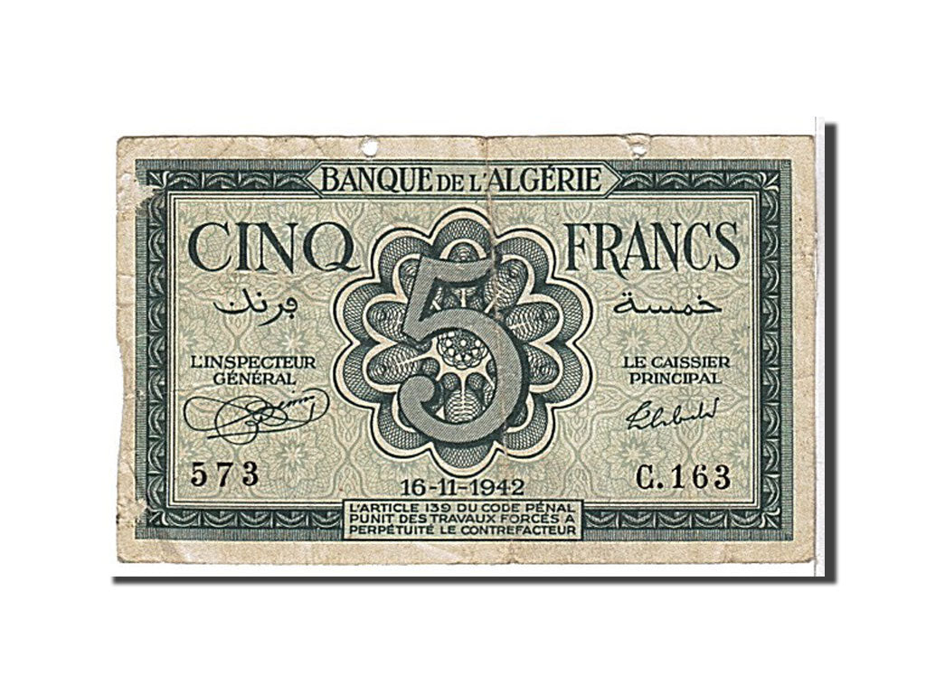 Algeria, 5 Francs, 1942, KM #91, VG(8-10), 573C163
