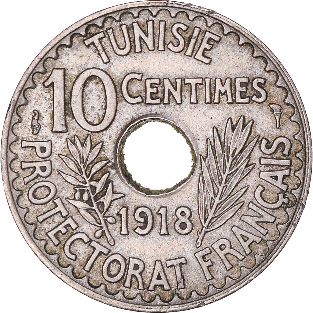Moeda, Tunísia, Muhammad al-Nasir Bey, 10 Centimes, 1918, Paris, AU(55-58)