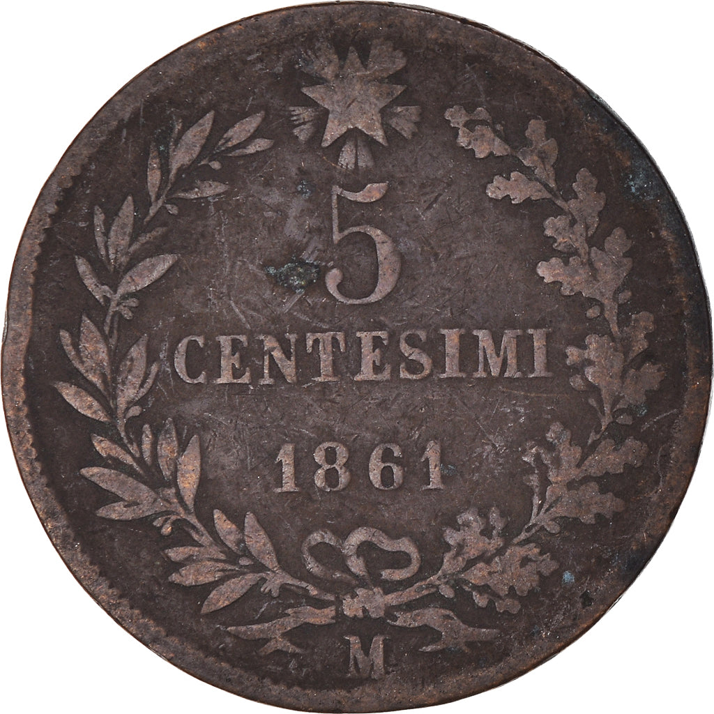 Moeda, Itália, Vittorio Emanuele II, 5 Centesimi, 1861, Milan, G(4-6), Cobre