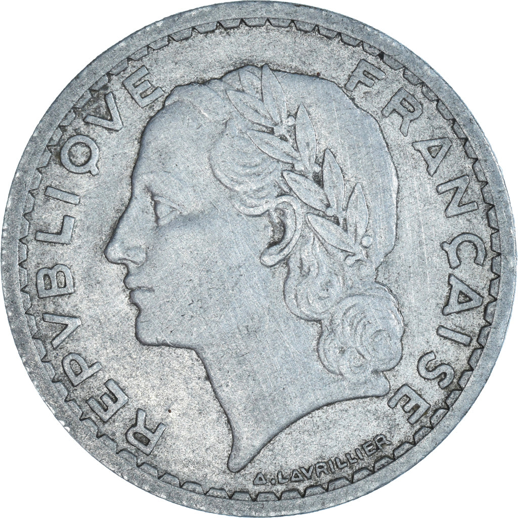 Moneda, Francia, Lavrillier, 5 Francs, 1948, Beaumont - Le Roger, BC+, Aluminio