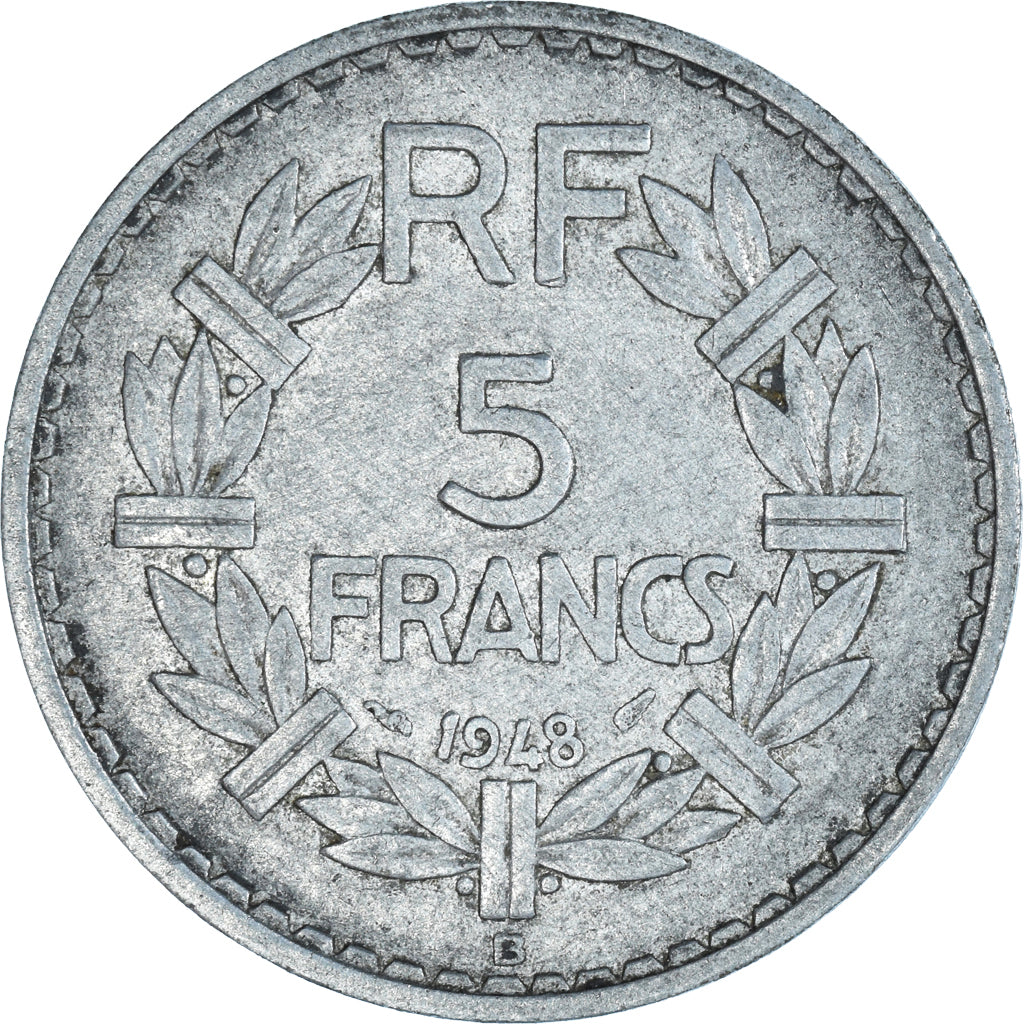 Moneda, Francia, Lavrillier, 5 Francs, 1948, Beaumont - Le Roger, BC+, Aluminio