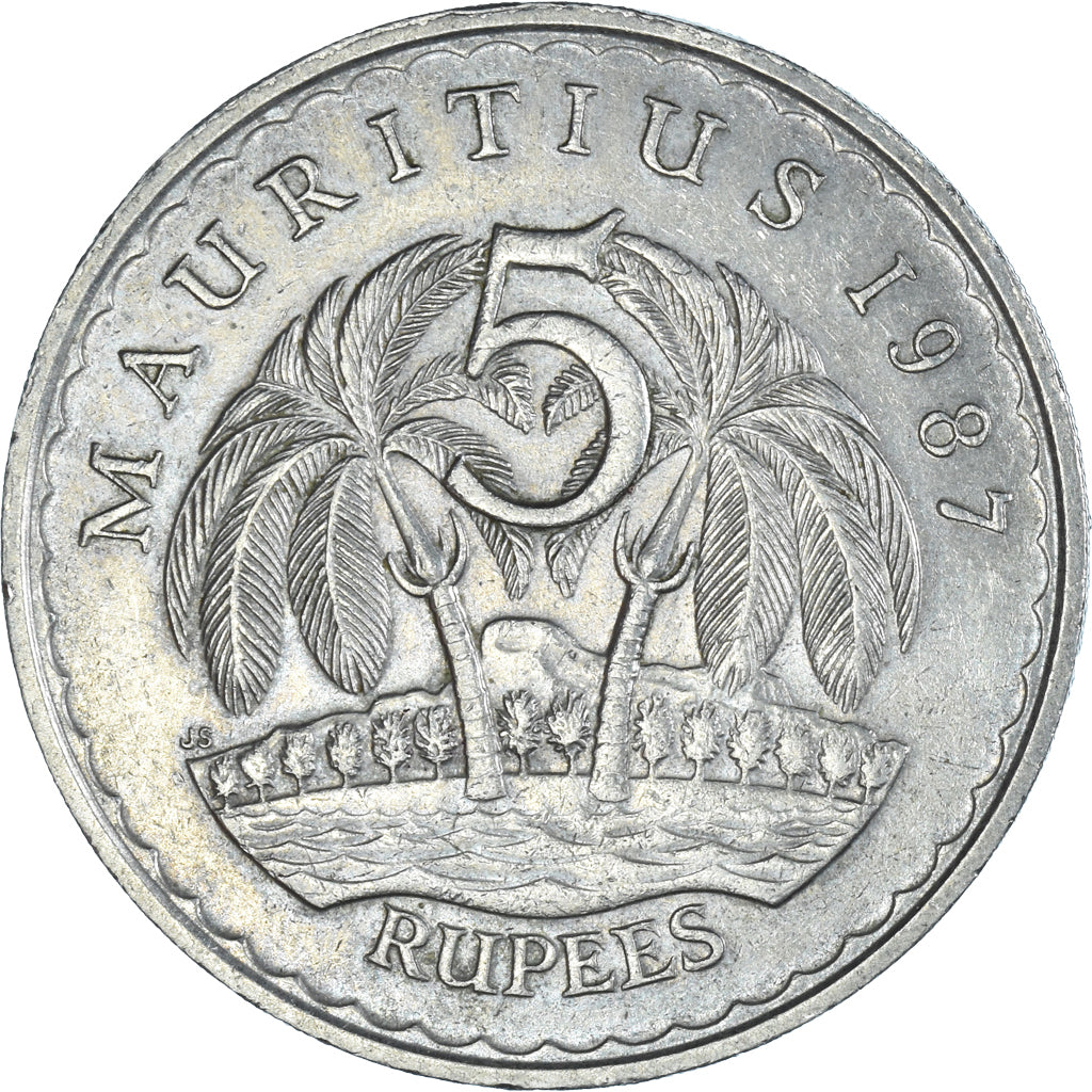 Coin, Mauritius, 5 Rupees, 1987, AU(50-53), Copper-nickel, KM:56