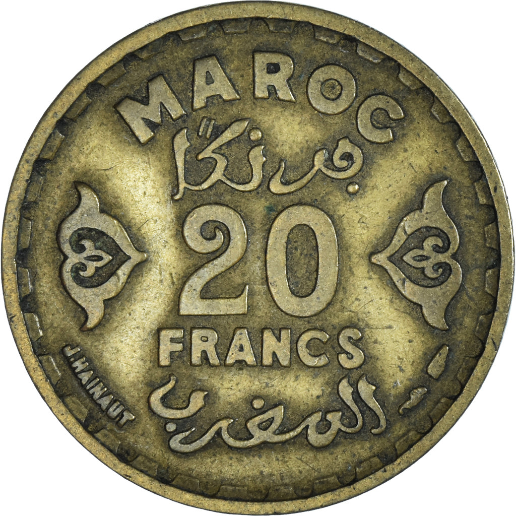 Coin, Morocco, Mohammed V, 20 Francs, 1951, Paris, AU(50-53), Aluminum-Bronze