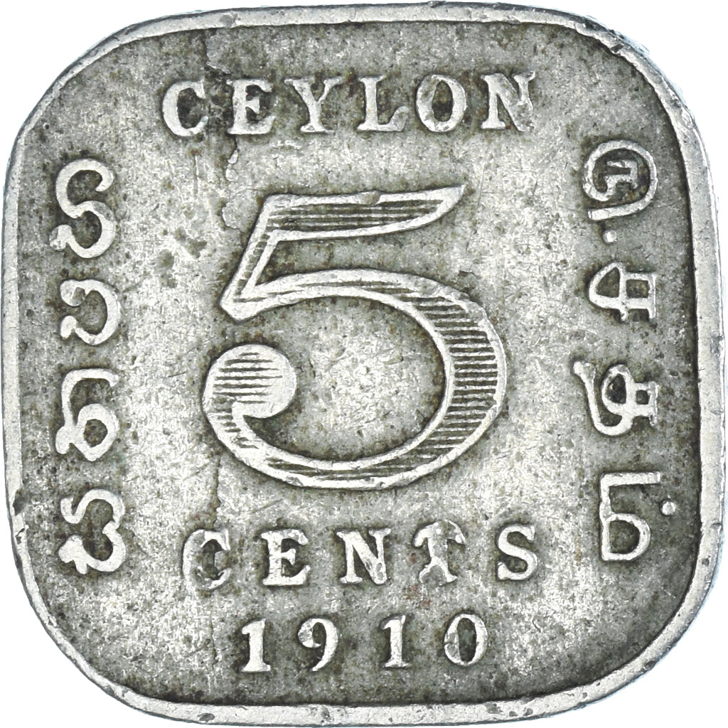 Coin, Ceylon, Edward VII, 5 Cents, 1910, Royal Mint, VF(20-25), Copper-nickel