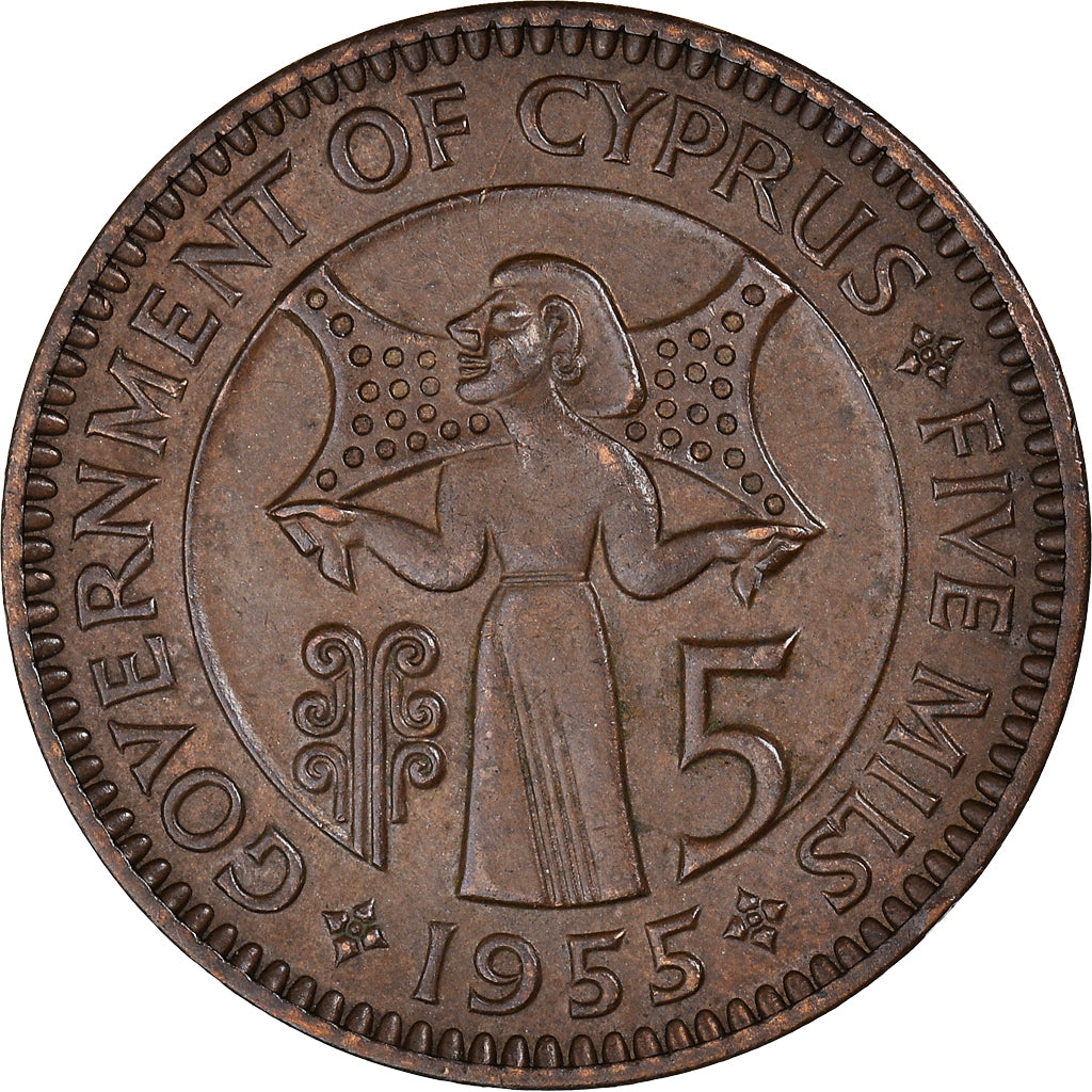 Coin, Cyprus, 5 Mils, 1955, AU(50-53), Bronze, KM:34