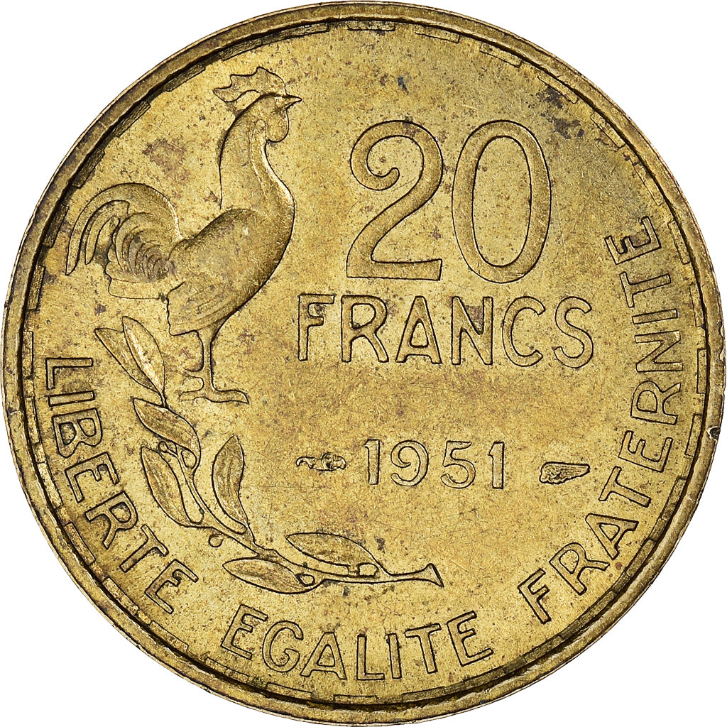 Moeda, França, Guiraud, 20 Francs, 1951, Paris, AU(50-53), Alumínio-Bronze