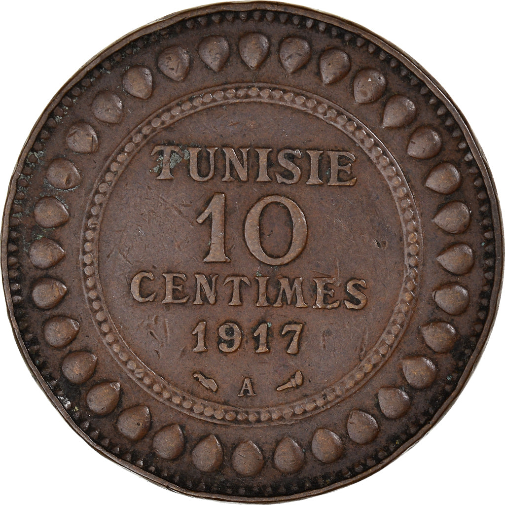 Moneta, Tunisia, Muhammad al-Nasir Bey, 10 Centimes, 1917, Paris, EF(40-45)