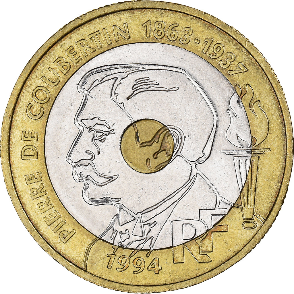 Coin, France, Pierre de Coubertin, 20 Francs, 1994, AU(50-53), Tri-Metallic