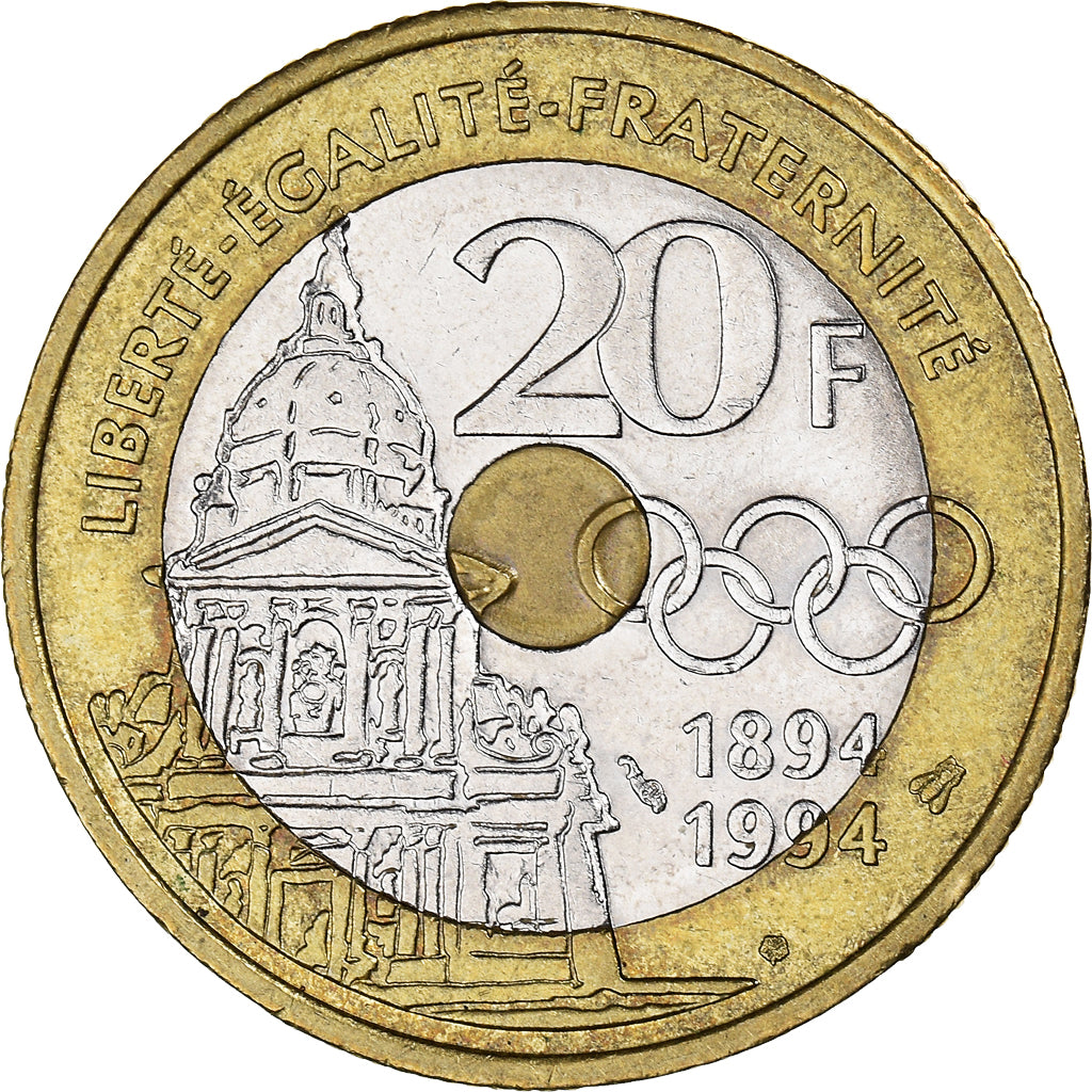 Coin, France, Pierre de Coubertin, 20 Francs, 1994, AU(50-53), Tri-Metallic