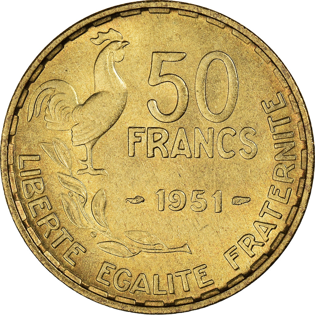 Moeda, França, Guiraud, 50 Francs, 1951, Paris, MS(63), Alumínio-Bronze