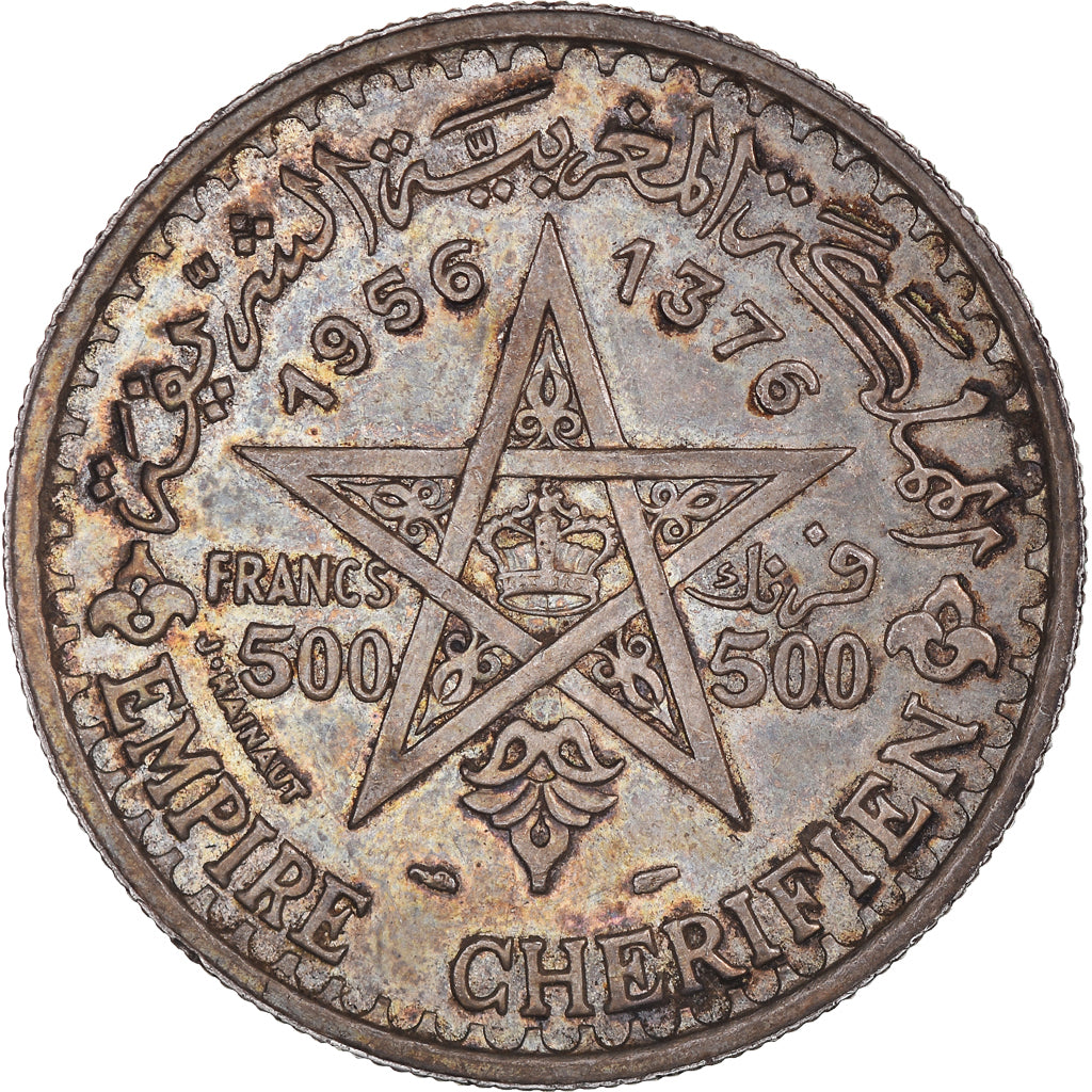 Coin, Morocco, Mohammed V, 500 Francs, 1956/AH1376, Paris, MS(60-62), Silver