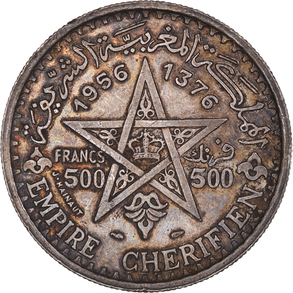 Coin, Morocco, Mohammed V, 500 Francs, 1956/AH1376, Paris, AU(55-58), Silver
