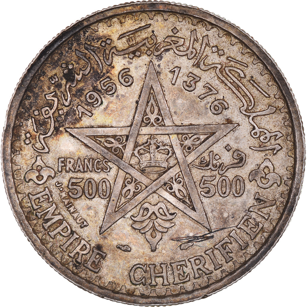Coin, Morocco, Mohammed V, 500 Francs, 1956/AH1376, Paris, AU(55-58), Silver