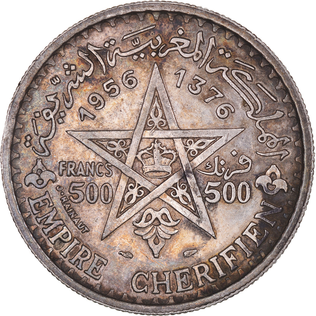 Monnaie, Maroc, Mohammed V, 500 Francs, 1956/AH1376, Paris, TTB, Argent, KM:54