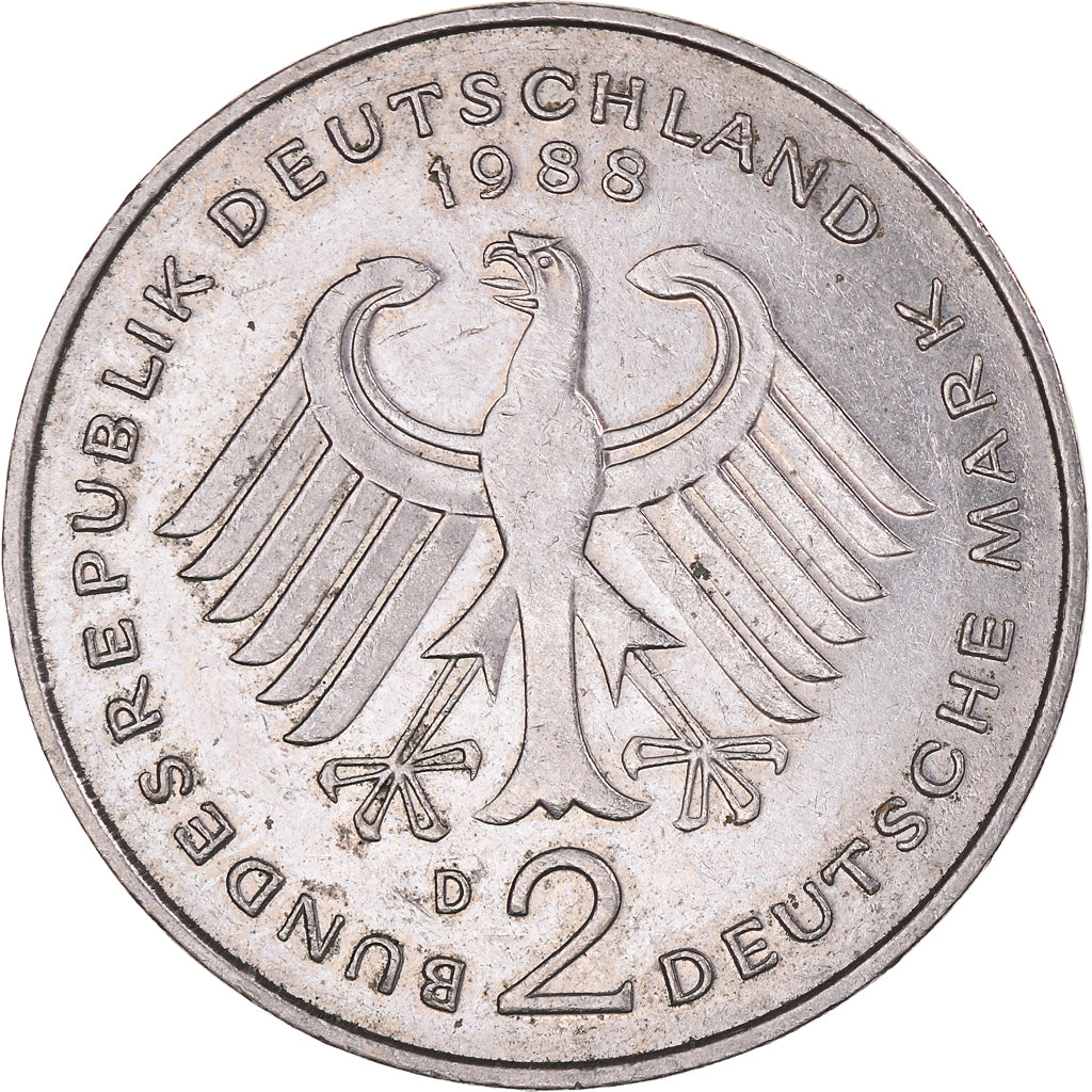 Coin, GERMANY - FEDERAL REPUBLIC, 2 Mark, 1988, Munich, EF(40-45), Copper-Nickel
