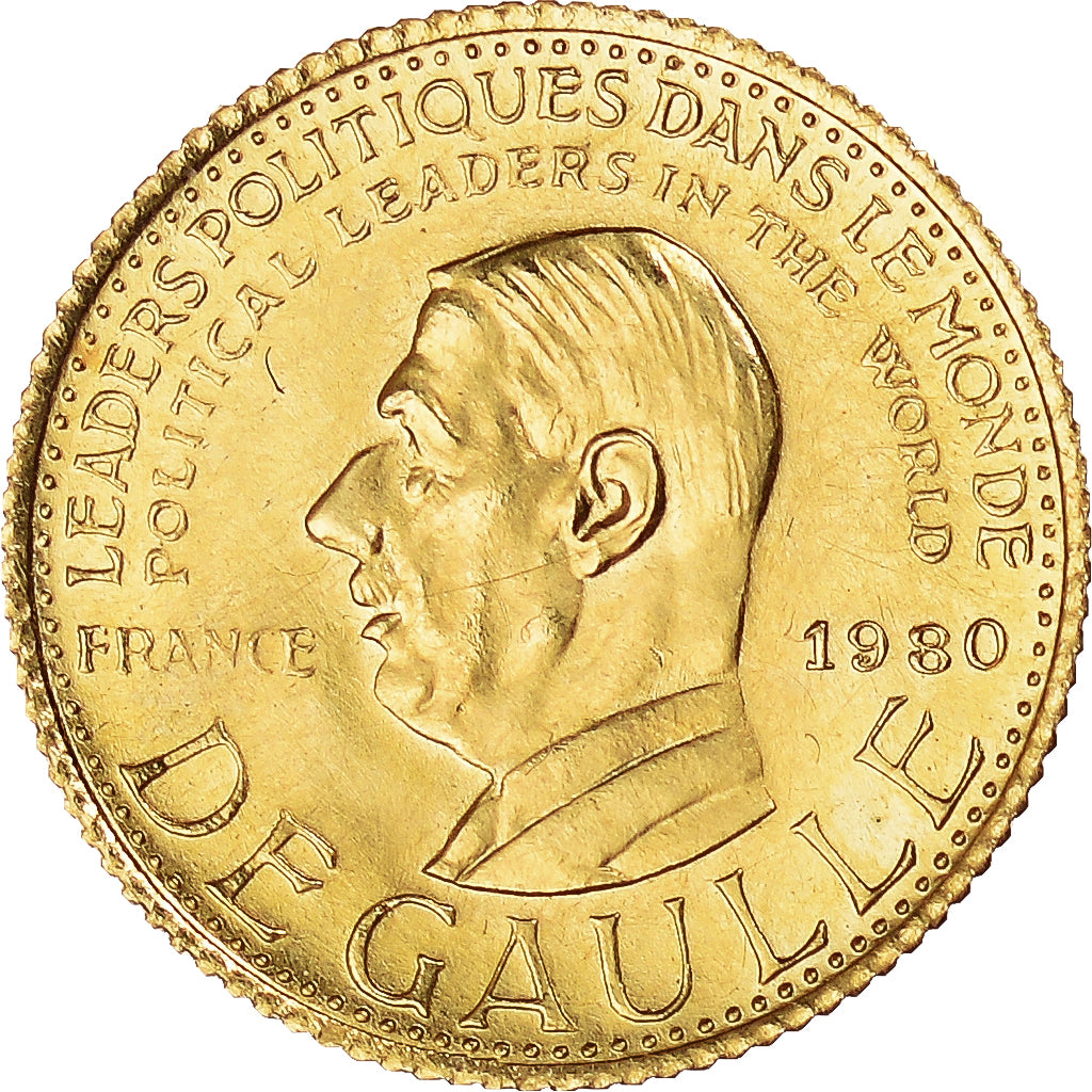 Francja, medal, Charles De Gaulle, Politics, 1980, MS(63), Złoto