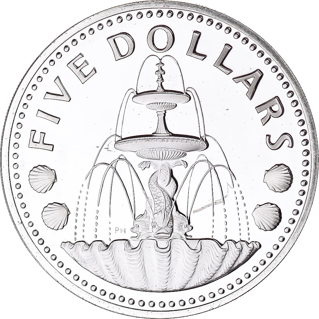 Coin, Barbados, 5 Dollars, 1975, Franklin Mint, MS(65-70), Silver, KM:16a