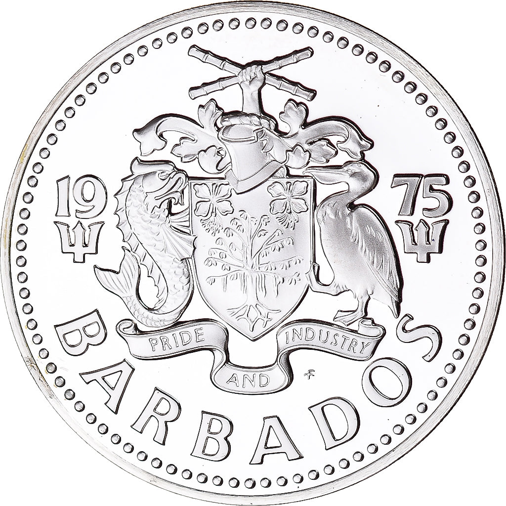 Coin, Barbados, 5 Dollars, 1975, Franklin Mint, MS(65-70), Silver, KM:16a