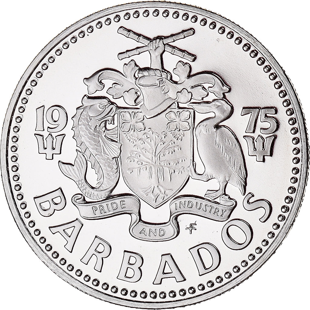 Moeda, Barbados, 25 Cents, 1975, Franklin Mint, MS(65-70), Cobre-níquel, KM:13