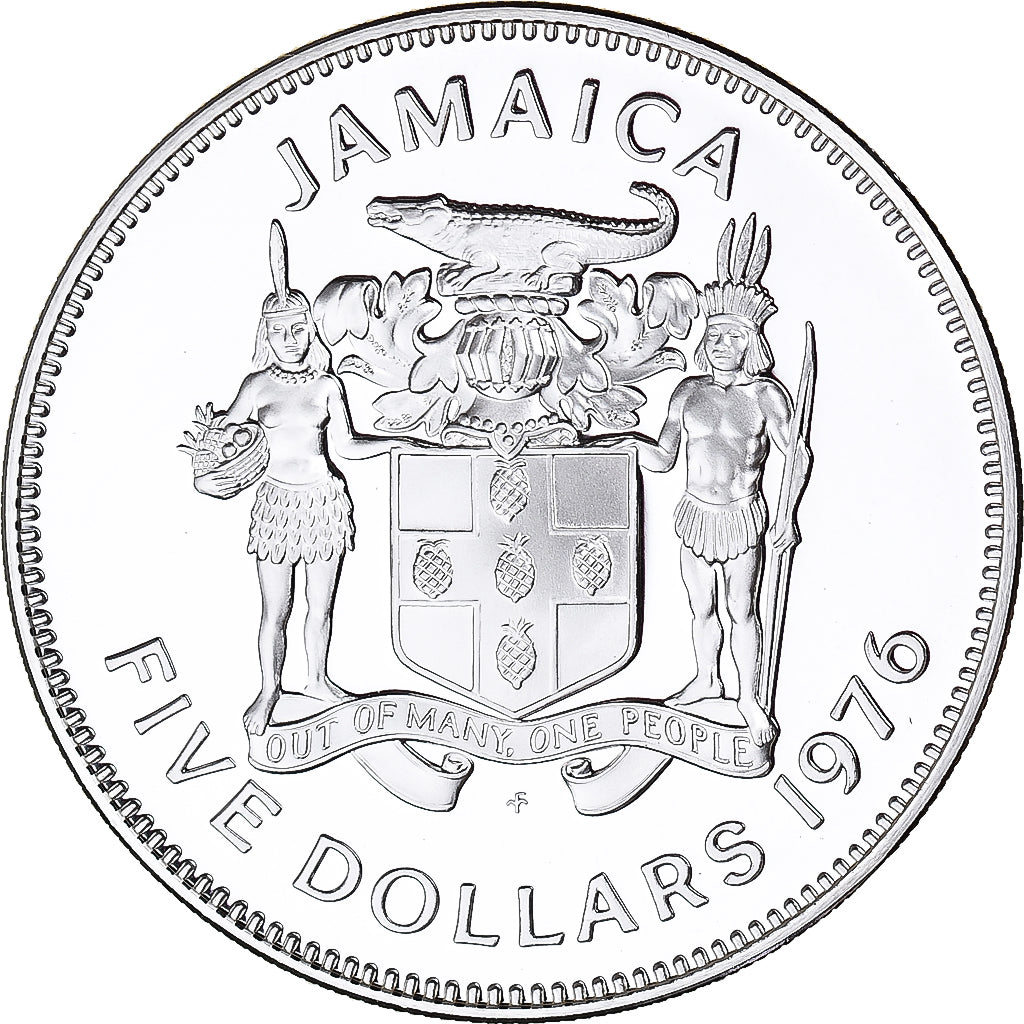 Moeda, Jamaica, Elizabeth II, 5 Dollars, 1976, Franklin Mint, USA, MS(65-70)