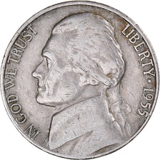 Coin, United States, Jefferson Nickel, 5 Cents, 1955, U.S. Mint, Denver