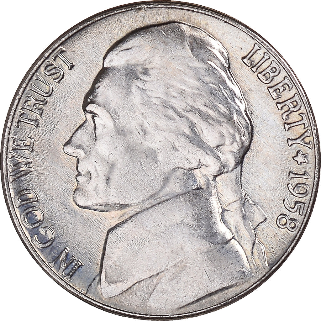Moneda, Estados Unidos, Jefferson Nickel, 5 Cents, 1958, U.S. Mint, Denver, SC