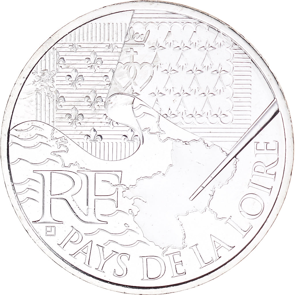 France, 10 Euro, 2010, Paris, Pays De La Loire, MS(65-70), Silver, KM:1665