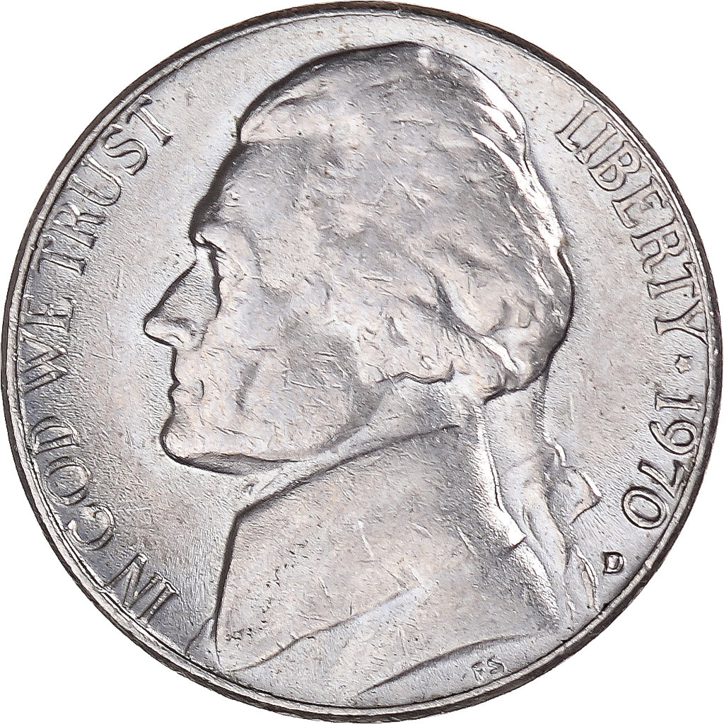 Coin, United States, Jefferson Nickel, 5 Cents, 1970, U.S. Mint, Denver