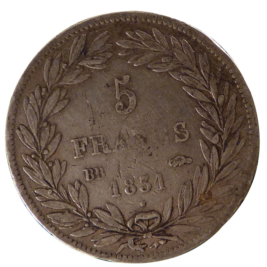 FRANCE, Louis-Philippe, 5 Francs, 1831, Strasbourg, F(12-15), Silver, Gadoury...